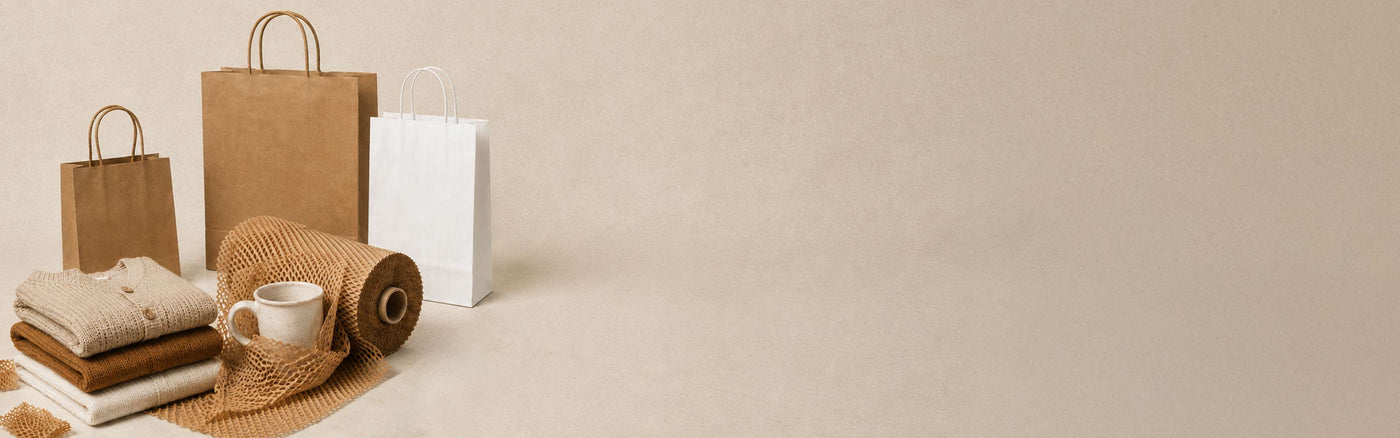 Brown paper bags, a white box, a cup, and a roll of paper towels on a beige surface.